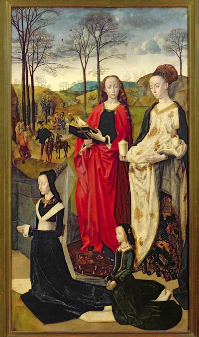 Der Portinari-Altar, St. Maria Magdalena und St. Margareta mit Maria Baroncelli und Tochter Margherita Portinari, rechter Flügel, ca. 1479 von Hugo van der Goes